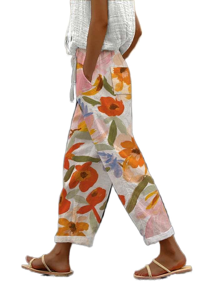 Women's Casual Boho Floral Linen Pants Summer Elastic High Waisted Wide Leg Beach Trousers with Pockets Plus Size