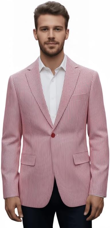 Men’s Vertical Striped Seersucker Blazer Notch Lapel Single Button Jacket