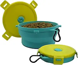Pote de Viagem e passeio para Pets/Bicho de estimação Comedouro e Bebedouro Redondo com tampa/Tamanho: 550 ml/Cor: Verde água com tampa amarela