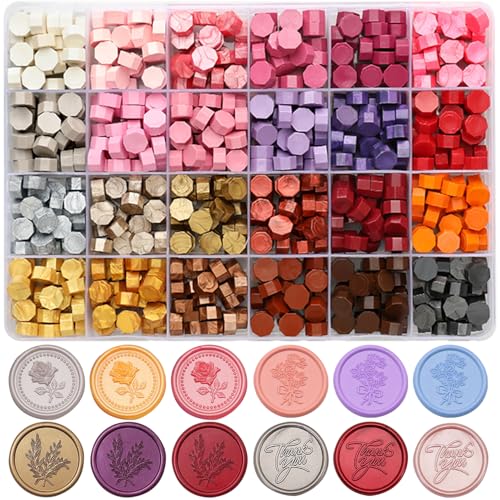 24 Colors Wax Seal Beads 600Pcs, Multicolor Wax for Stamp Seals, Octagon Sealing Beads for Wedding Invitation, Envelope, DIY Crafts, Gift Idea (24 Romantic Colors)