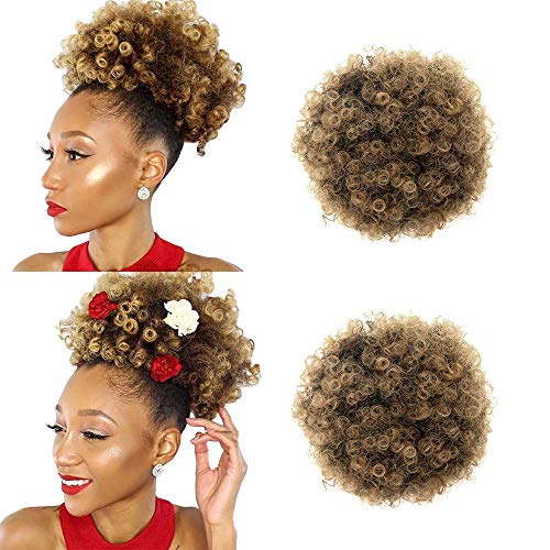 Akkya Synthetic Afro Puff Drawstring Bun Ponytail for Black Women Short Kinky Curly Hair Bun Extension Hairpieces Updo Hair Extensions with Two Clips(L,Dark Brown)