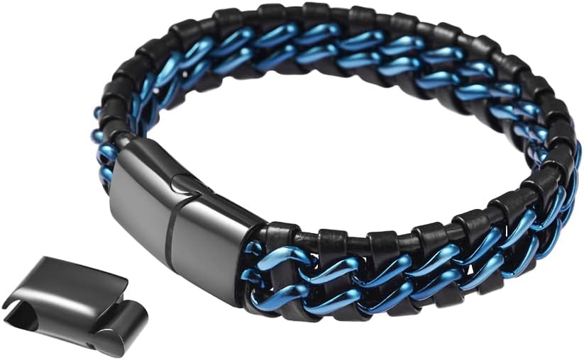 Men's Braided Genuine Leather Link Steel Chain Bracelet - Image 3