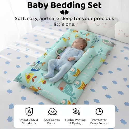 Image of StarAndDaisy Newborn Baby Bedding Nest 100% Cotton Cushioned Mattress Sheet with 2 Side Bolster Pillows & 1 Head Pillow Breathable & Soft Boys & Girl Design Aqua Print