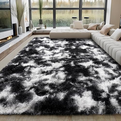 KING DARE Shaggy Rugs for Living Room 9x12, Soft Plush Fluffy Shaggy Fuzzy Furry Large Rug, Anti-Slip Washable Modern Big Floor Carpet for Bedroom Aesthetic Home Decor, Blue and White