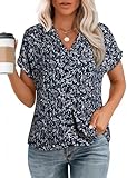 Dokotoo Womens Summer Tops Basic Pleated Oversized Short Sleeve Blouses for Women 2026 Dressy Casual V Neck Floral Button Down Loose Fit Casual Blouse T Shirts Work Business Tee Tunic Blue XL