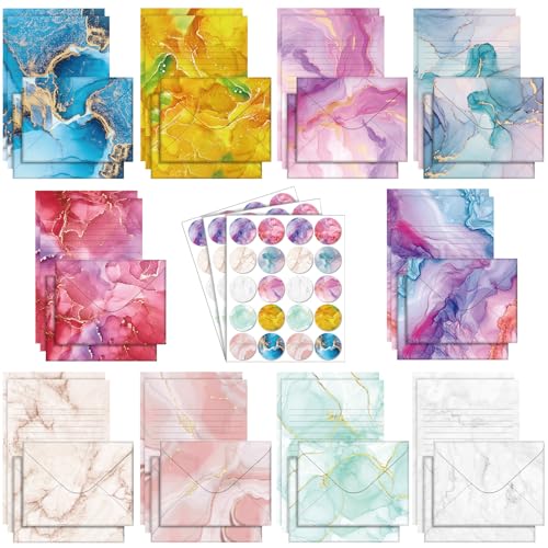 Image of TaoBary 160 Pcs Marble Stationery Paper and Envelopes Set 50 Double Sided Lined Stationery Paper with 50 Matching Envelopes and 60 Round Dot Sticker 5.5 x 8.25'' Letter Writing Kit, 10design