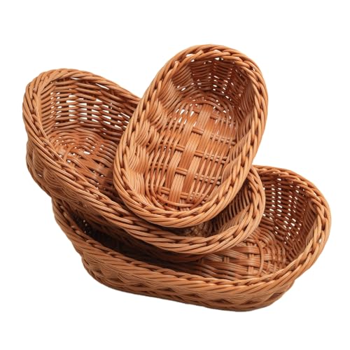 LiveGlow 3 Pack Wicker Bread Basket,Small Bread basket,Handwoven Basket for Sevring Fruits,Vegetable,Candy,Imitation Rattan Baskets,for kitchen,bathroom,Brown,3 Size