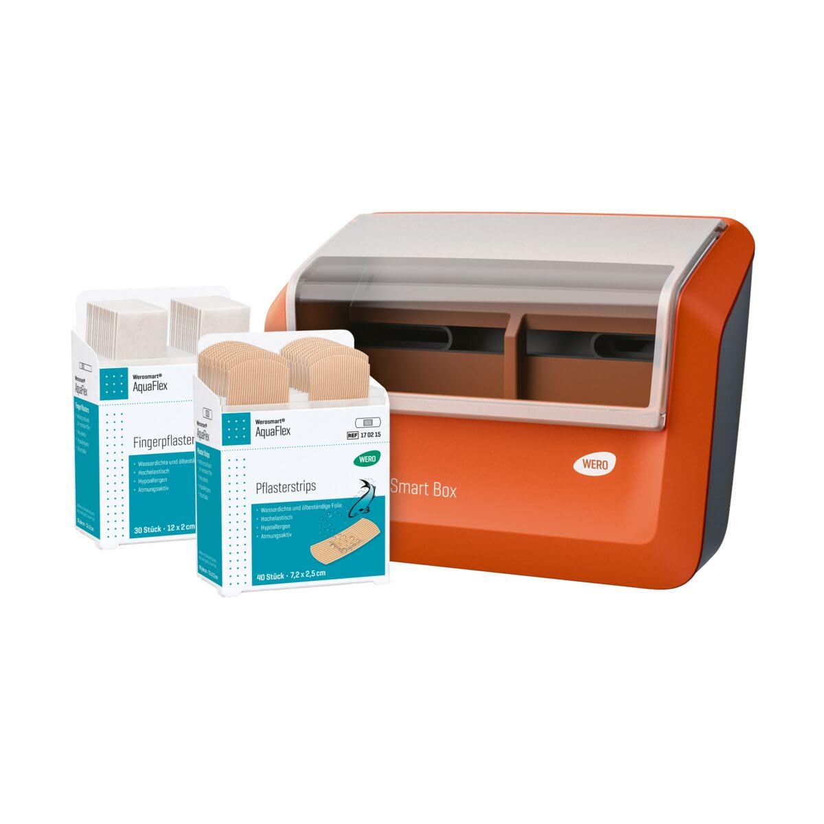 Pflasterspender gefüllt mit AquaFlex Pflaster - nachfüllbar - zur Wandmontage - robust & hygienisch