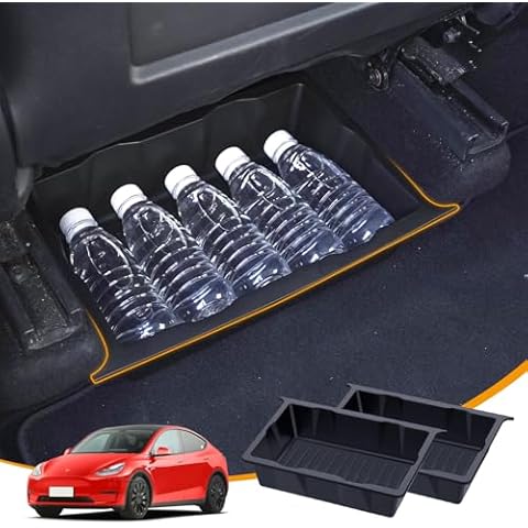 BANKKY 2PCS Under Seat Storage Box for Tesla Model Y 2024 2023-2020, TPE Underseat Storage Tray Car Accessories for Front/Back Under Seat Organizer, Washable & Waterproof Hidden Tray Cover