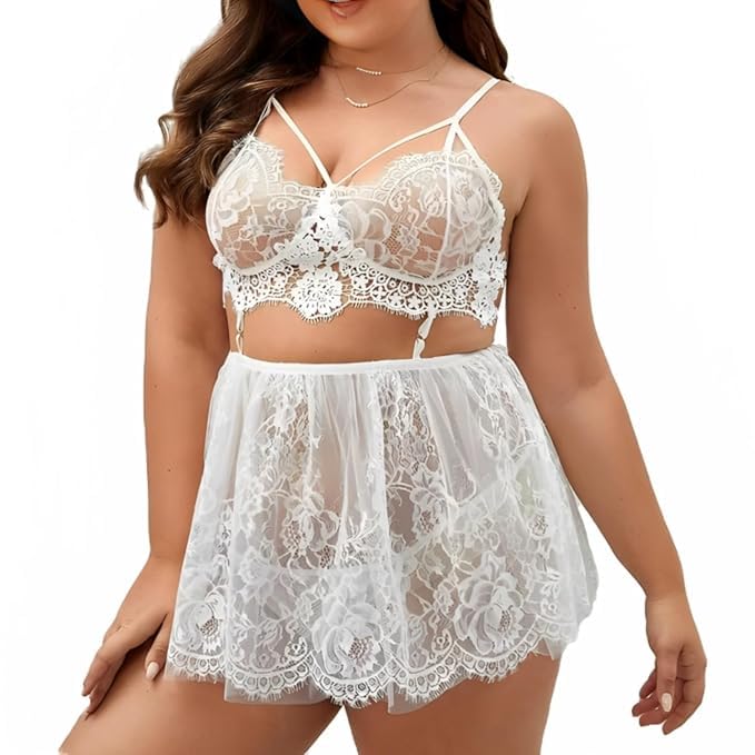 Women's White Lace Lingerie Set with Bralette and Skirt, Two Piece Intimate Apparel-image-3
