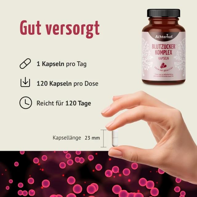 Blutzucker Komplex Kapseln (120 Kapseln) | mit Zink, Vitamin B6, Chrom und Pflanzenextrakten aus Ceylon Zimt, Olivenblatt und Kurkuma | für 120 Tage | vom Achterhof