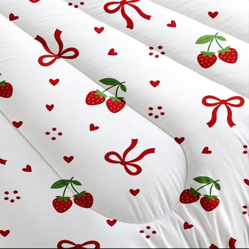 Image of AILONEN Sweet Fruit Comforter Full 3 Piece Coquette Ribbon Bedspread Red Cherry Style Print Quilt Cute Room Decoration White Patterned Padded Cover 2 Shams