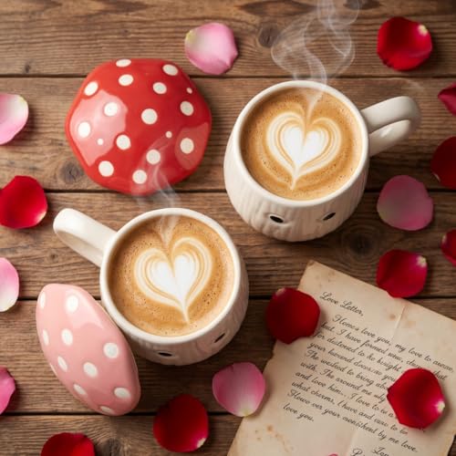 Image of Mushroom Ceramic Mugs Set of 2 Red Pink | 300ml Coffee Tea Cups with Lids Polka Dot | Microwave Dishwasher Safe | Valentine Couple Gift | Kawaii Home Decor Kitchen Dining Handmade India