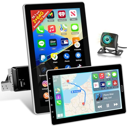 Radio Android 1 DIN 10,1 Pulgadas, 2+64 GB Autoradio Pantalla Táctil Giratoria Ajustable 1280 * 720, Carplay & Android Auto Inalámbrico, 5G/WiFi, GPS, Mirror Link, Bluetooth + Cámara de Marcha Atrás