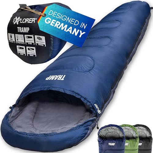 EXPLORER® Tramp Schlafsack Blau -9°C +9°C [250GSM] 3 Jahreszeiten Leichter Mumienschlafsack für Erwachsene[1300g] 230x80x55cm kombinierbar, ideal für Outdoor, Camping, Trekking und Reisen