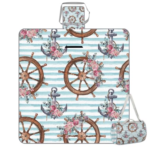 Shimoshe Picnic Blankets 57”x 59”, Flower Anchor Rudder Waterproof Sandproof Picnic Mat Lightweight Foldable Beach Blanket for Camping Park Grass Beach Outdoor Blanket