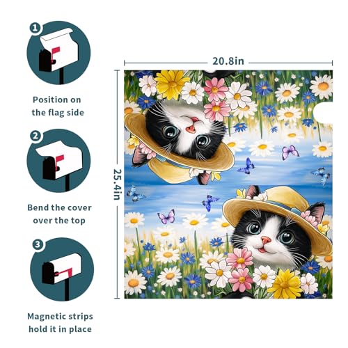 Image of Spring Summer Cat Mailbox Cover Magnetic Large Size 21 inchx25 inch Welcome Spring Daisy Flowers Decorative Mailbox Covers Farmhouse Floral Mailbox Wraps Post Letter Box Cover for Home Courtyard Garden Yard