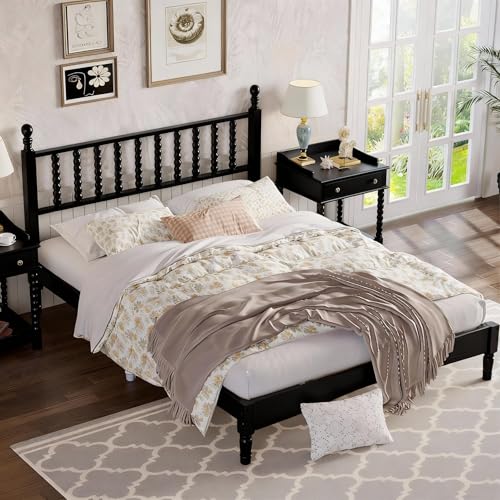 KT Rolster Black Wood Bed Frame King Size with Spindle Headboard, King Platform Bed with Wooden Slat Support, Retro Style Spindle Beds for Boys Girls Kids Adults Toddler, Easy Assembly