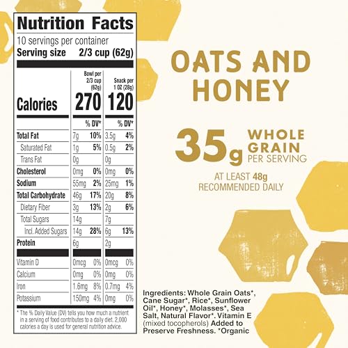 Image of Cascadian Farm Organic Oats and Honey Granola, Resealable Pouch, 22 oz | Whole Grain Oats & Golden Honey, 35g Whole Grain, 3g Fiber, Non-GMO Verified, Ideal Lunchbox or Office Snack, Family Size