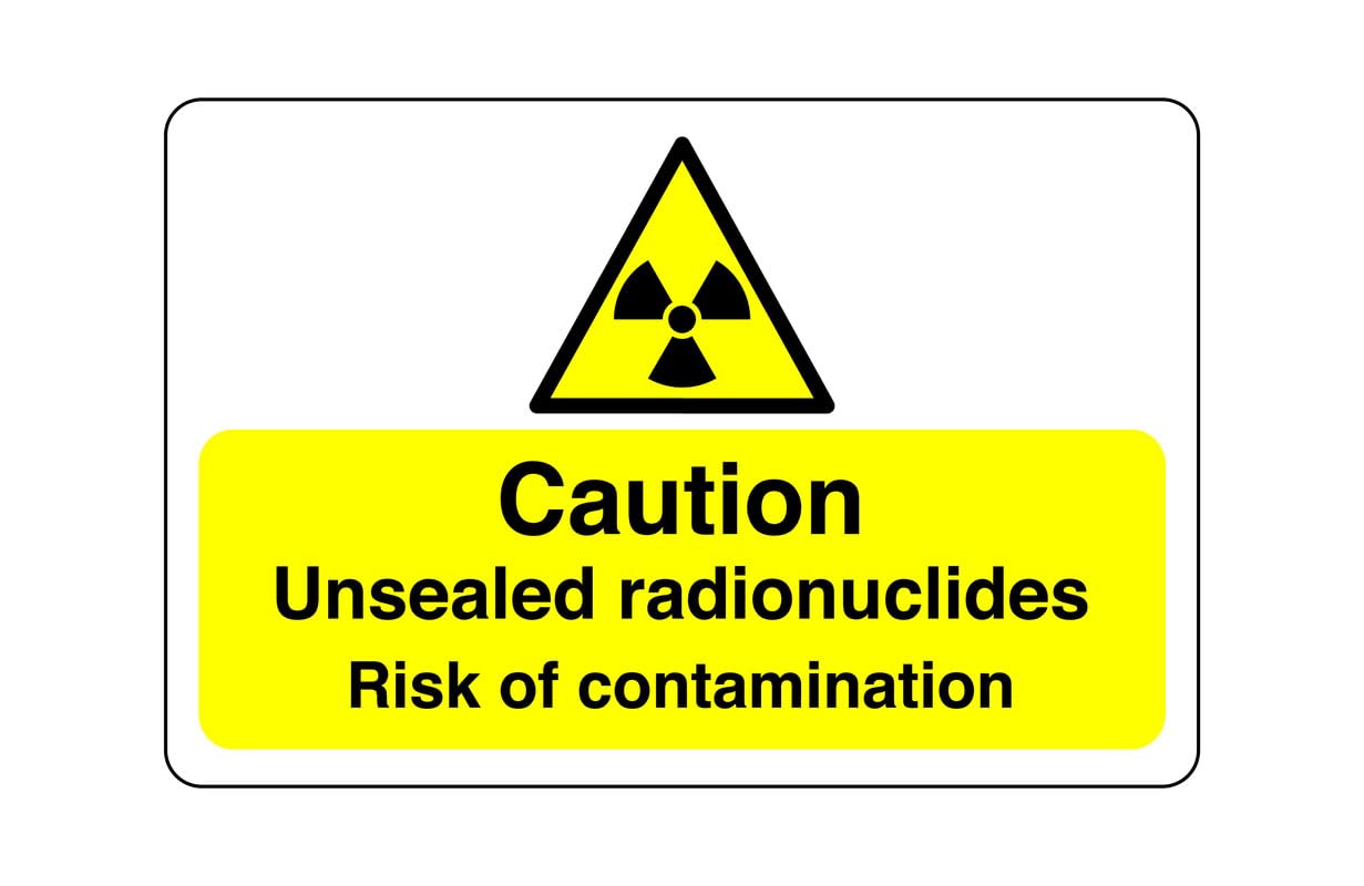 Safety First Display Ltd Yellow/Black Caution Unsealed Radionuclides Risk Of Contamination Sign - Chemicals, Corrosive, Toxic, Warning - High Tack Self-Adhesive Sticker (200Mm X 150Mm) Viewing Distance Within 5M.