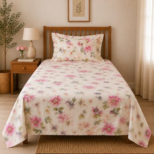 Image of Linen Home Cotton Percale Flat Bedsheet Set Single Size Floral Pink