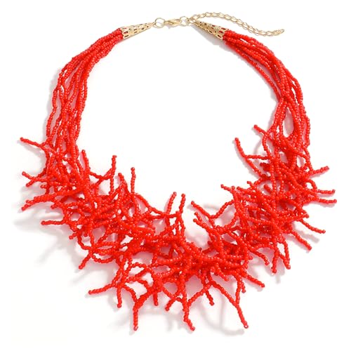 JNF Chunky Black Red Beaded Coral Necklace for Women Beach Coastal Layered Statement Necklaces Boho Bib Choker Necklace Red String Costume Jewelry Sets (coral choker red)