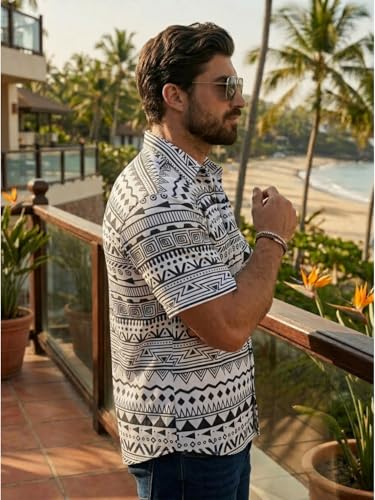 Image of BROWN CULTURE Men's Cotton Blend Abstract Print Shirt with Spread Collared Half Sleeves Standard Length and Button Down Closure Type | Shirt for Man