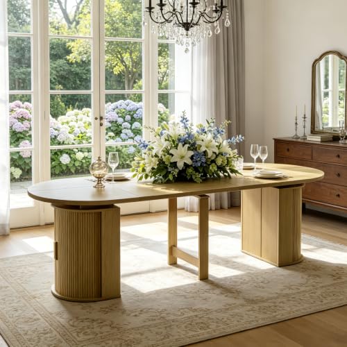 Image of 47in-118 in Extendable Dining Table for 4-12, Oval Expandable Kitchen Table | 5 Adjustable Lengths, Large Extra-Long Design, Natural Wood Grain Finish, Dual Hidden Storage Pedestal, Fluted Sliding Doors