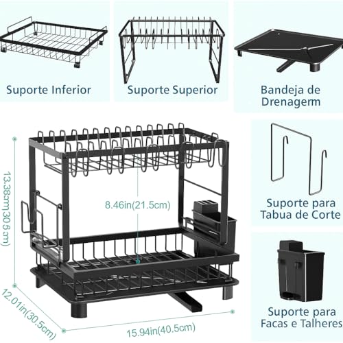Image of ALENKO 2 Tier Black Steel Compact Dish Drying Rack with Drain 360