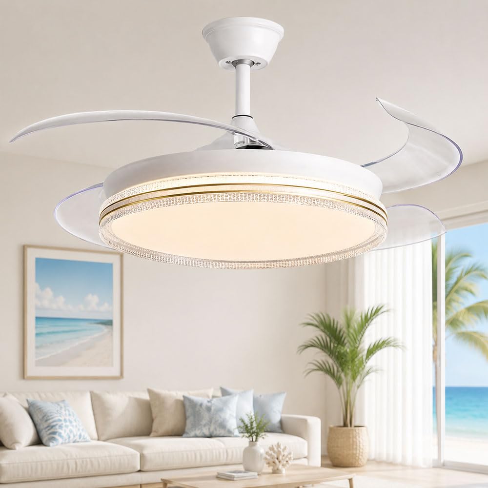 081 Store - Ventilatore da Soffitto con Luce LED e Telecomando, Pale Retrattili Trasparenti, 6 Velocità, 3 Tonalità di Luce, Timer 1/2/4/8H, Motore DC Reversibile Silenzioso, 48 Pollici 120 cm