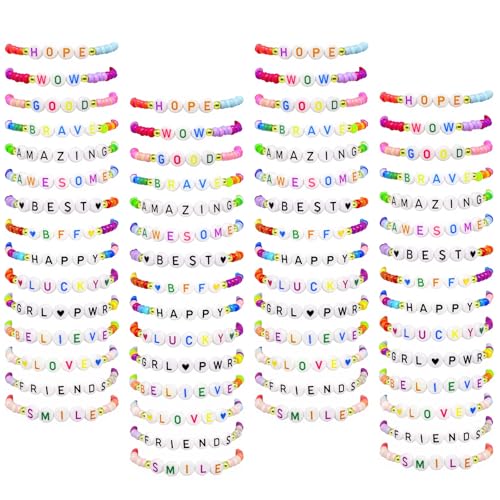 Pasonly 60 Pcs Friendship Bracelets for Teen Girls, Classic Style Letter Beads Bracelets Stretchy Cute Bracelet Inspirational Bracelets for Kids Women