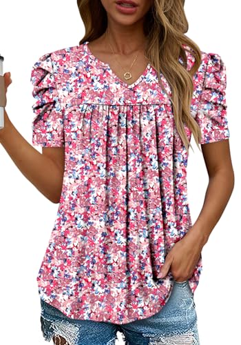 KISSMODA Tops for Womens Summer Cute Short Sleeve Shirts Trendy Notched Neck Blouses Casual Loose Pleated Tunics S-3Xl