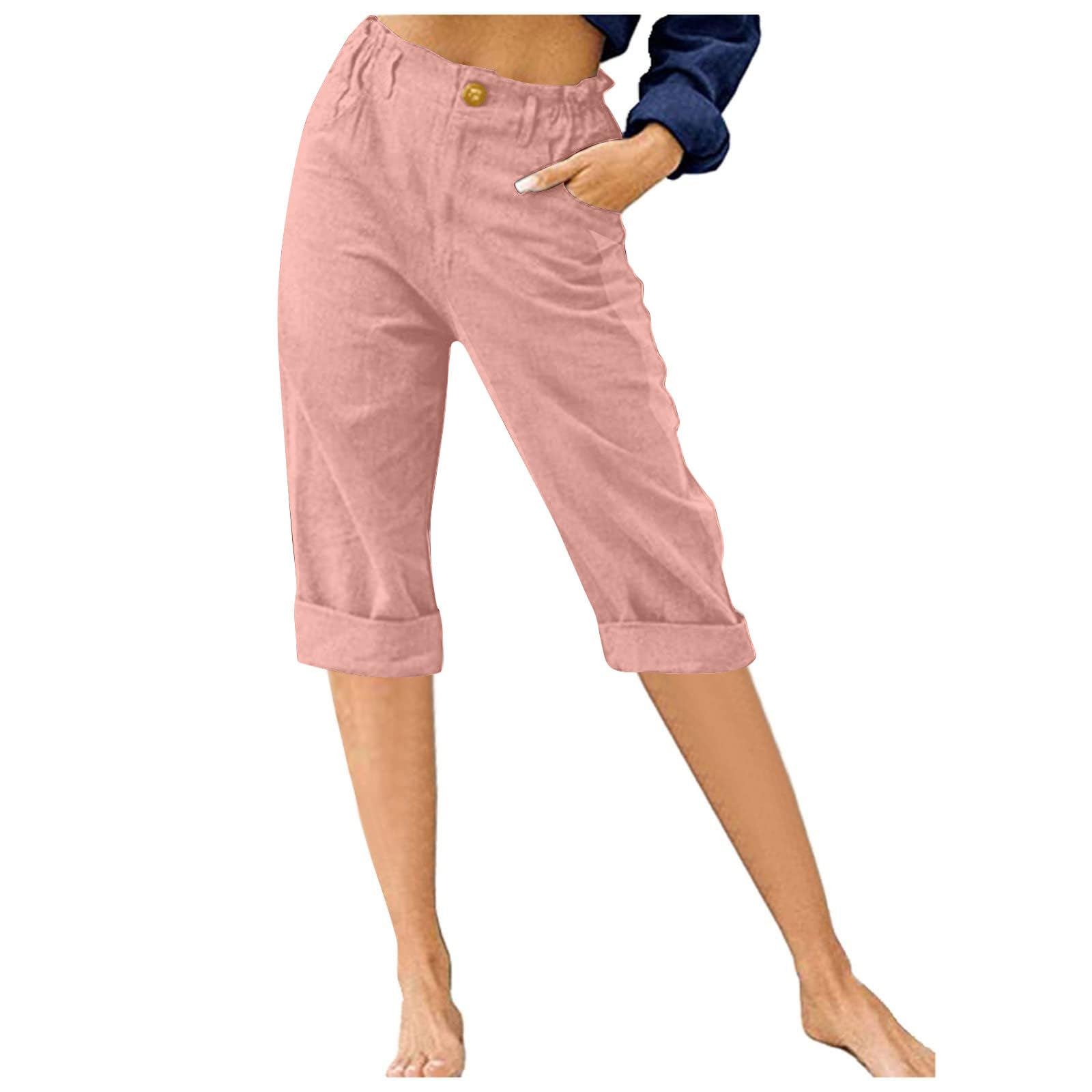Womens Capris Summer Trendy Casual Elastic Waist Cropped Trouser Fashion Lightweight Beach Vacation Pants(Pink,X-Large)