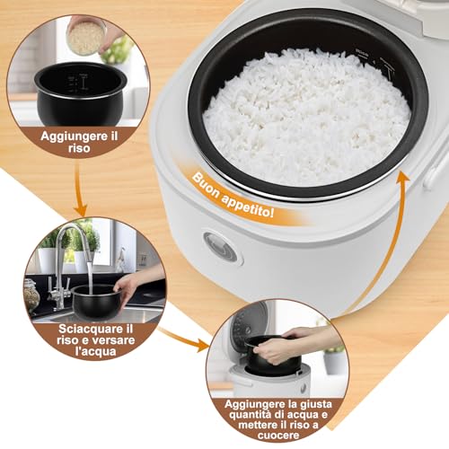 Bear Cuociriso 4 tazze (non cotte) con Vaporiera,Rice Cooker Mini Multifunzionale da 350W, 6 Funzioni di Cottura del Riso per 2-4 Persone,Bianco - immagine 3