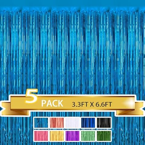 5 Pack Light Blue Metallic Tinsel Foil Fringe Curtains Party Photo Backdrop Party Streamers for Birthday,Graduation,New Year Eve Decorations Wedding Decor Cover