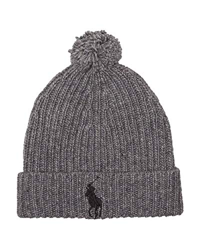 Polo Ralph Lauren Men's Windsor Polo Big Pony Ribbed Cuffed Pom Pom Beanie (Heather Grey/Black, One Size)