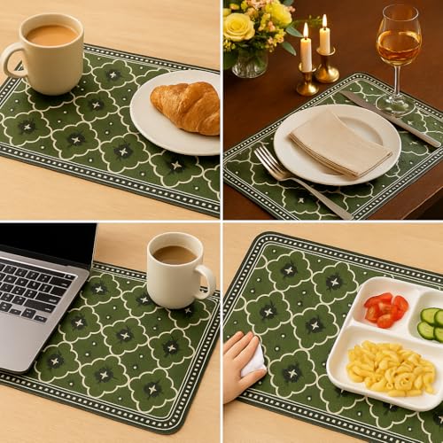 Image of Durable Leather Placemats Olive Green Mororccan Patterned Table Mats | Waterproof, Washable, Heat Resistant, Non-Slip Elegant Dining Accessories (Set of 4)
