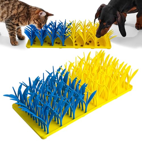 VirgoCCY Silicone Grass Mat for Cats & Dogs, Snuffle Mat for Dogs Cats, Slow Feeder Dog Bowl, Interactive Sniff Foraging Mats for Dog Cat Pet, Nosework Training Foraging Pad- Blue & Yellow1