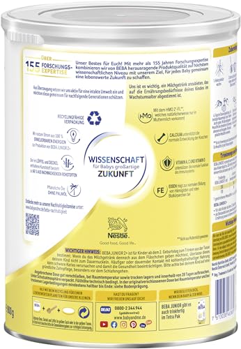 BEBA Junior 2+ Milchgetränk ab dem 2. Geburtstag, Mit HMO, Altersgerecht angepasster Proteingehalt, Nur Laktose, Ohne Palmöl, Ohne Fischöl, Kleinkindnahrung, Baby-Milchpulver, 3er Pack (3 x 800g) – Bild 6