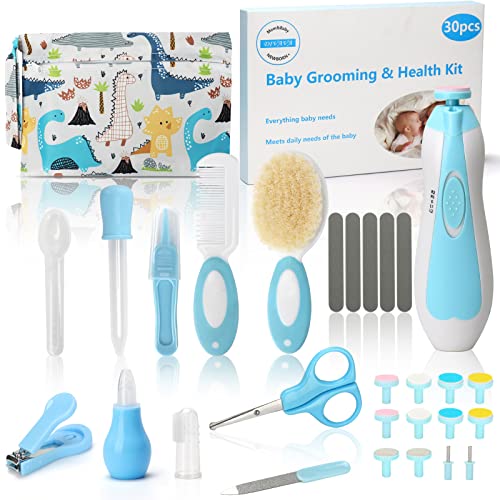Image of 30 in 1 Baby Grooming Kit, Divava Baby Healthcare Set and Safety Electric Nail Trimmer Set Newborn Care Kits Baby Hair Brush and Comb Set for Nursing Newborns Baby Toddler-Blue