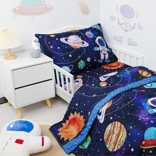 Image of SWESEN Toddler Bedding Set for Boys, Blue Space Toddler Boy Bedding Set, Soft & Lightweight 4 Piece Toddler Comforter Sets Include Comforter, Flat Sheet, Fitted Sheet, Pillowcase