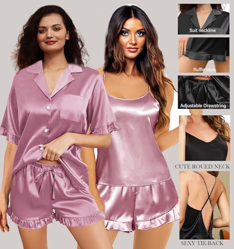 3Pcs Womens Ruffle Satin Pajama Sets XS-4XL Silk Pajamas Set Sexy Cami Tops Silky Pj Sets Sleepwear Nightwear3