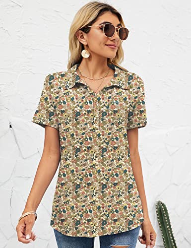 Tfsdod Womens Casual Collared Work Polo Shirts V Neck Button Down Blouse With Pocket Floral Khaki Red S #TOP3