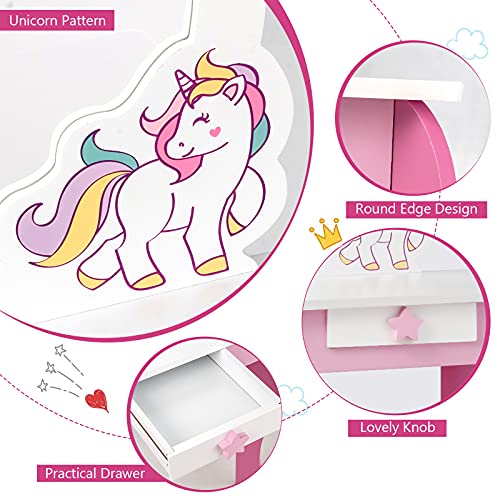 COSTWAY Kinderen kaptafel set, houten prinses kaptafel met krukje, afneembare spiegel en opberglade, spelen make-uptafel… - Image 7