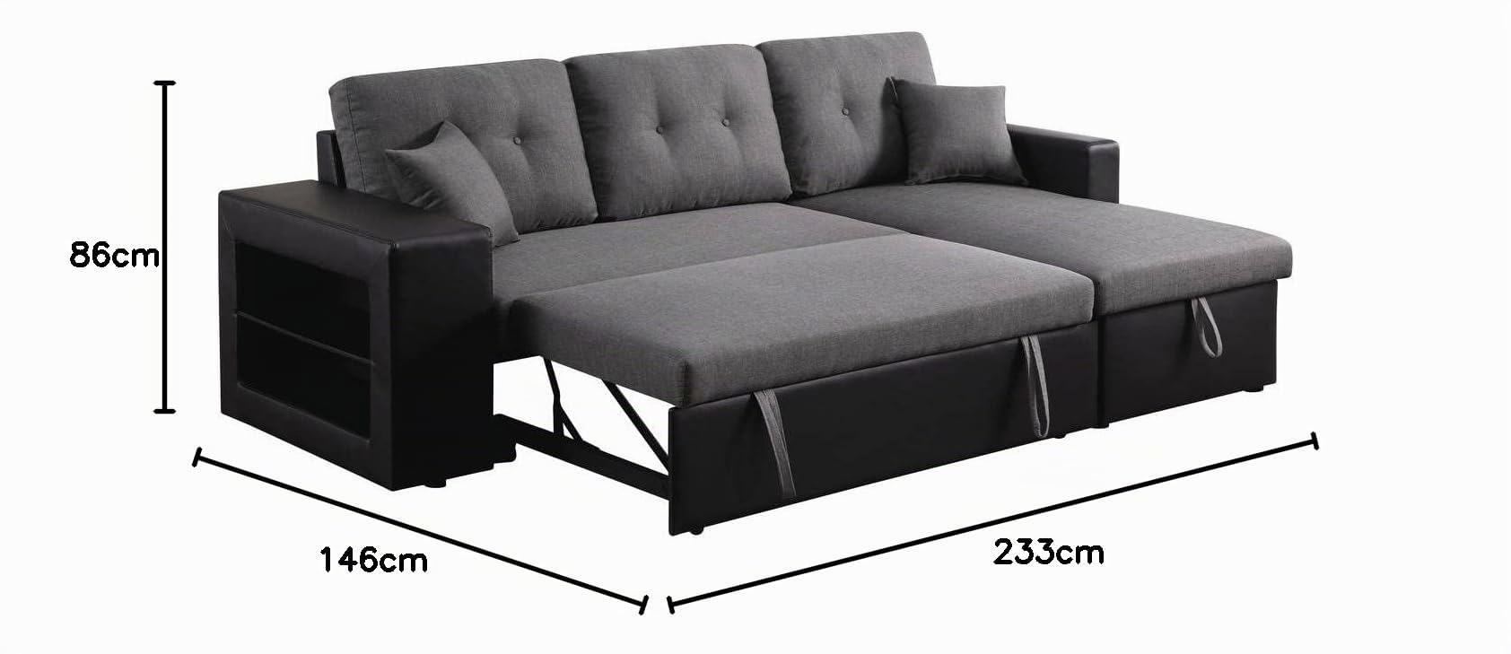 Habitat et Jardin - Canapé d'angle Convertible et Réversible Axel 3 Places Noir et Gris - Canapé Lit Moderne Design en Tissu Lin - Espace de Stockage (Méridienne) + Étagères
