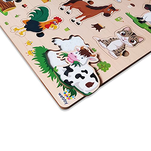 Image of Webby Wooden Farm Animals Montessori Educational Pre-School Puzzle Board Toy for Boys and Girls, Kid