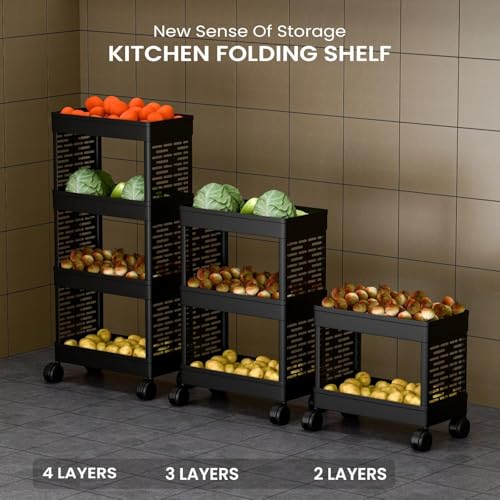 Image of Trailbrix Black 4-Tier Rolling Storage Cart with Wheels, Portable Utility Organizer Trolley for Kitchen, Bathroom, Office, Salon (Kitchen Rack 4 TIRE)