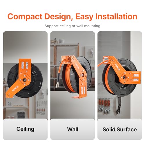 VEVOR Druckluftschlauch Schlauchtrommel, 9,52 mm x 19,81 m Hybrid-Luftschlauch, max. 300 PSI, Schlauchaufroller mit automatischem Aufrollen & Zuleitung, für Decken-/Wandmontage für Werkstatt & Garage