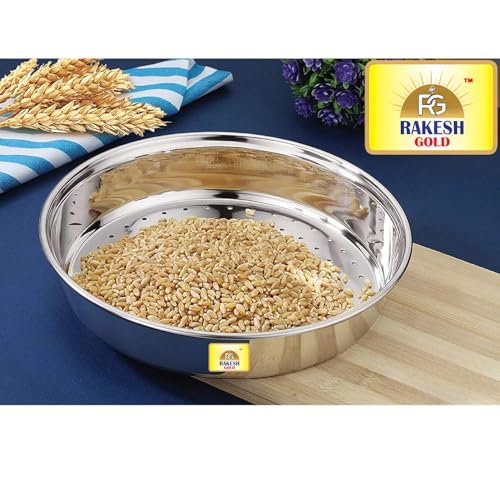Image of Rakesh Gold Stainless Steel Colander & Strainer for Kitchen Use - Multi-Use Channi /Steel Chalni with Holes for Washing Rice, Fruits, Vegetables & Wheat (Regular Size) (Regular Size, Hole CHALNI)