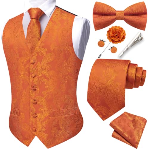 YOHOWA Orange Vest for Men Silk Tie Bowtie Set Paisley Waistcoat 8PCS